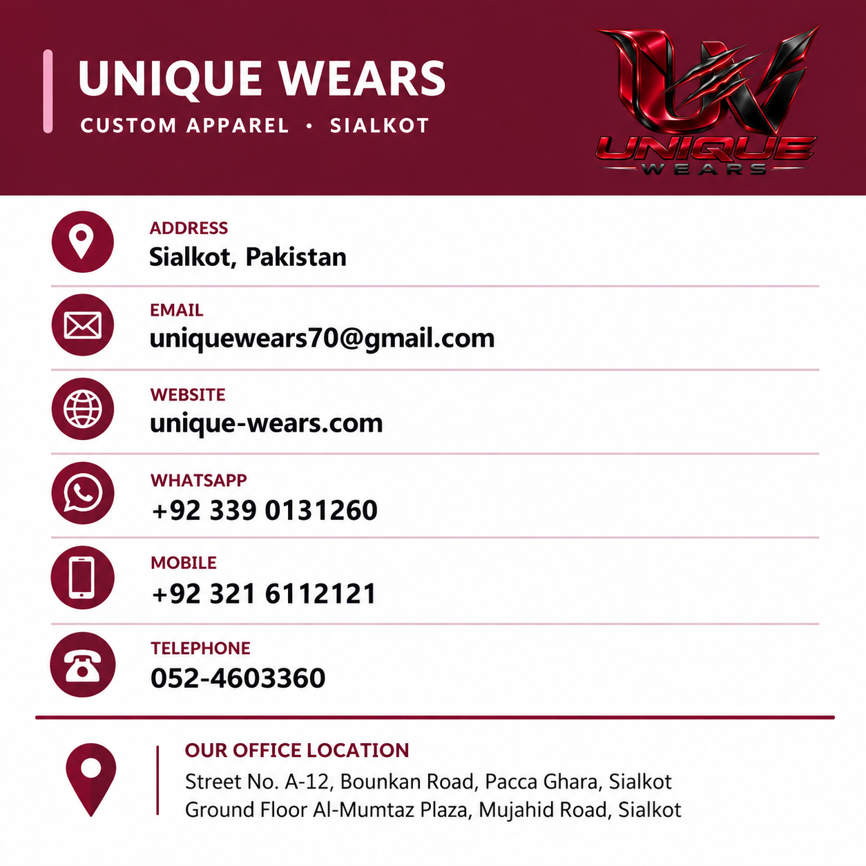 Unique Wears Contact Card