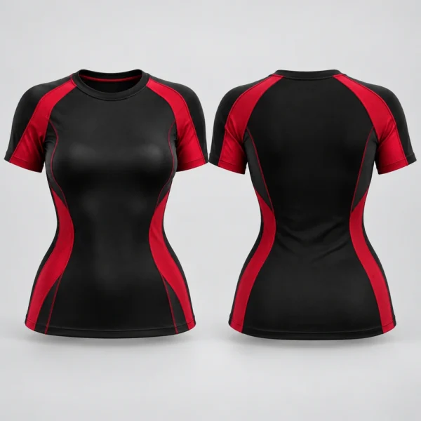 Women's short-sleeve compression shirt featuring a fitted athletic silhouette.