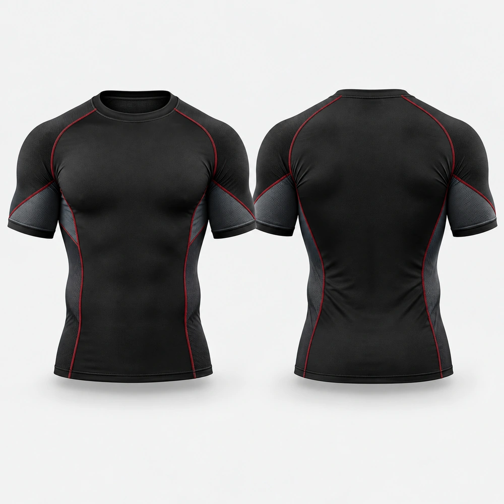 black-half-compression-shirt Men's short-sleeve compression shirt featuring a fitted athletic cut.