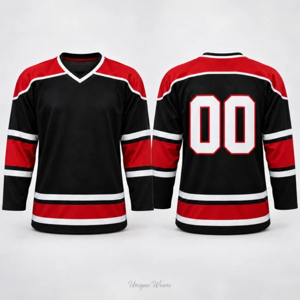 Mockup of a custom game day away ice hockey jersey, front and back, shown in black with red and white accents and number 00.