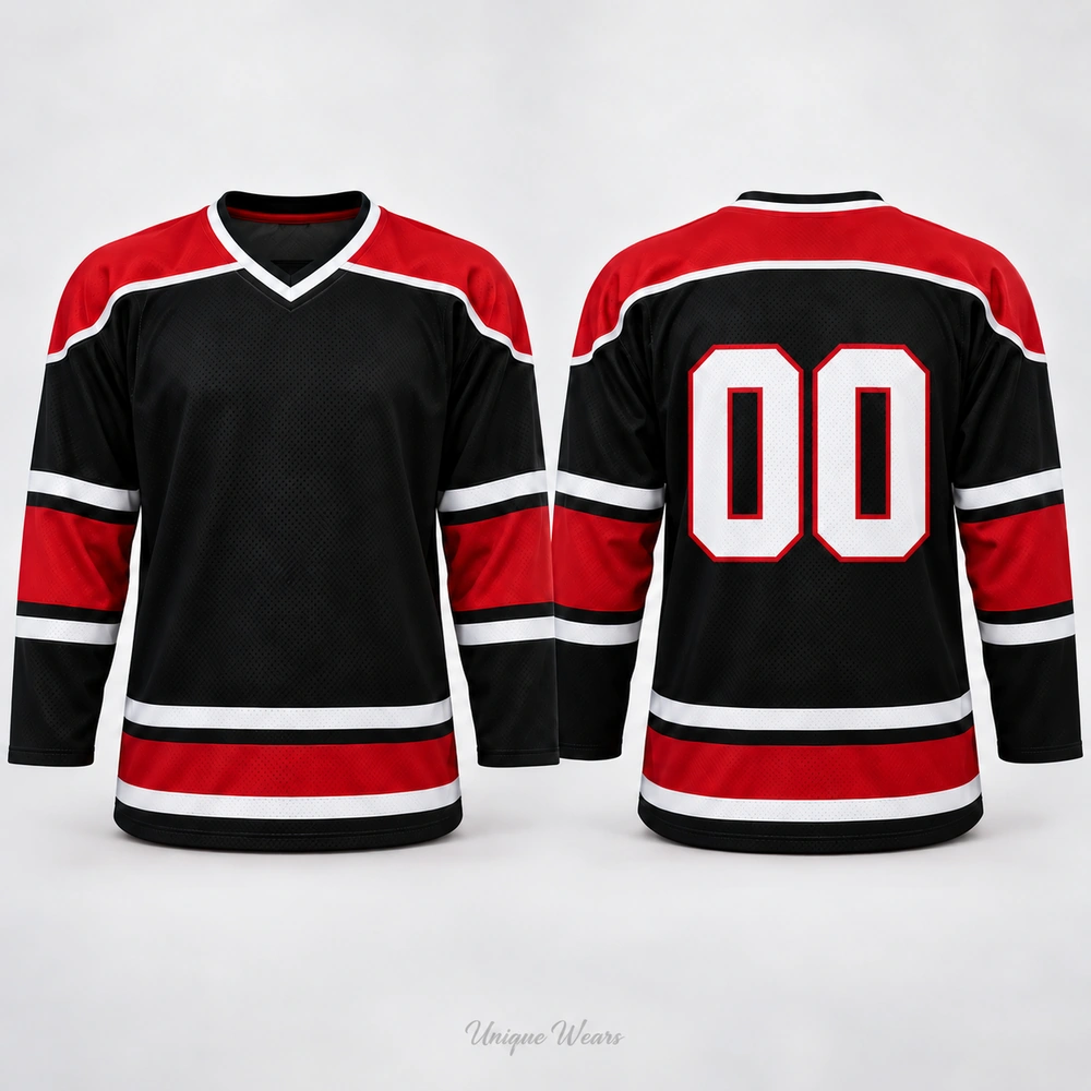 Custom Game Day Away Jersey mockup. Mockup of a custom game day away ice hockey jersey, front and back, shown in black with red and white accents and number 00.