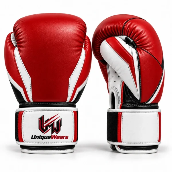 Boxing gloves featuring padded knuckles, a curved fist design and wrist closures.