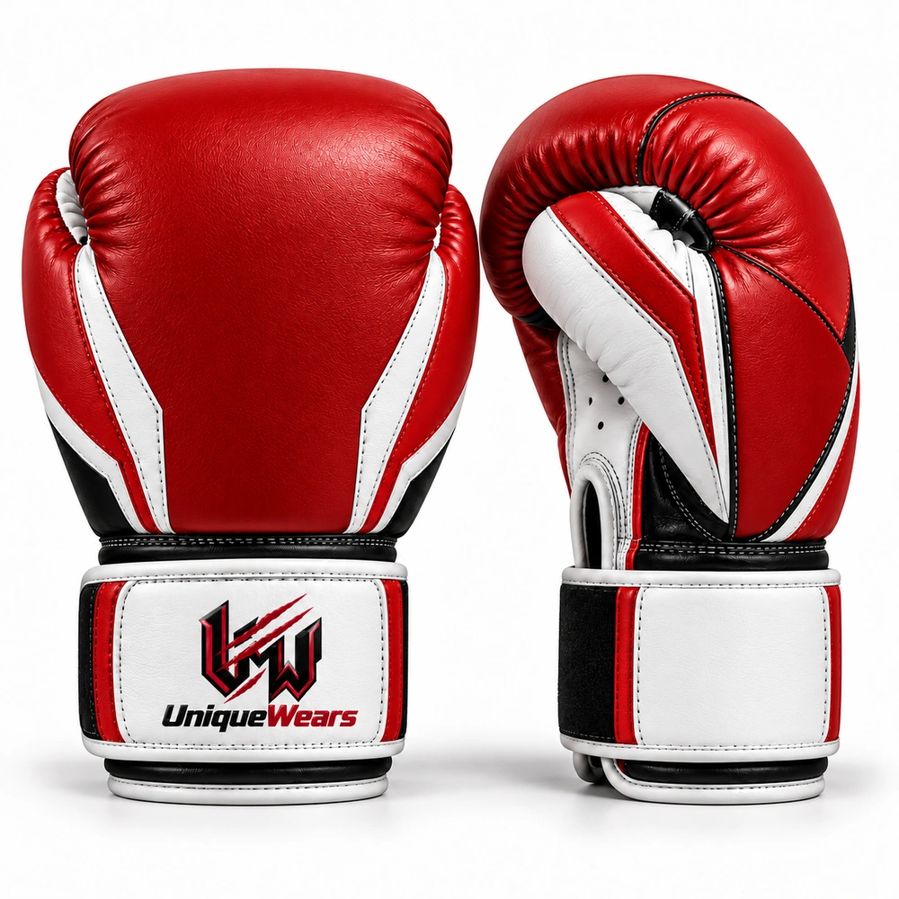 boxing-gloves-red-front Boxing gloves featuring padded knuckles, a curved fist design and wrist closures.