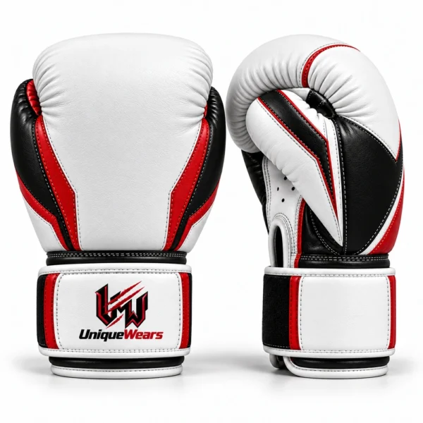Boxing gloves featuring padded knuckles, a curved fist design and wrist closures.