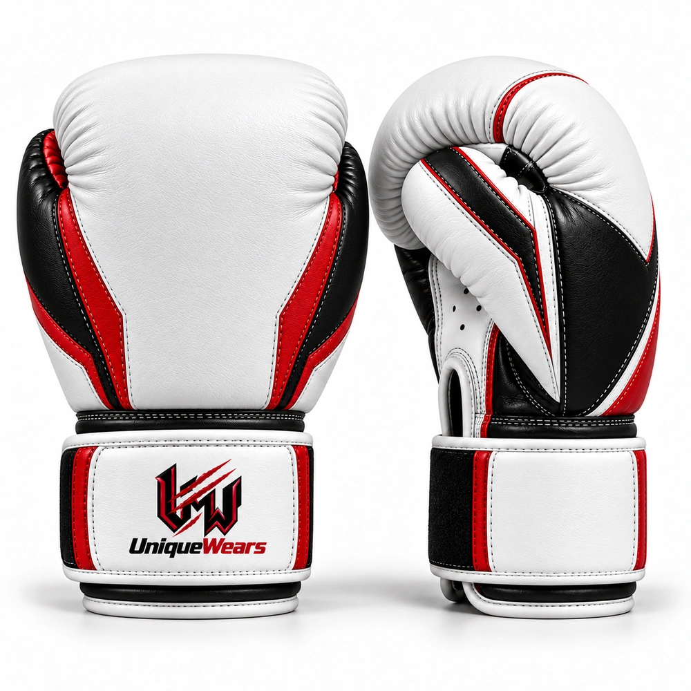 boxing-gloves-white-front Boxing gloves featuring padded knuckles, a curved fist design and wrist closures.