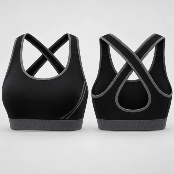 Cross-back sports bra featuring straps that cross over the back.