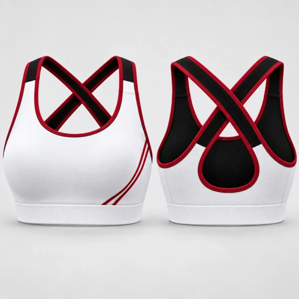Cross-back sports bra featuring straps that cross over the back.