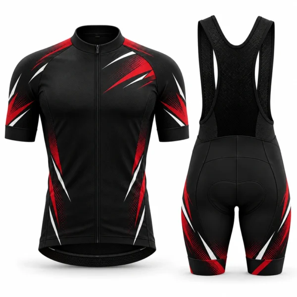Cycling apparel featuring performance jersey and fitted cycling shorts.