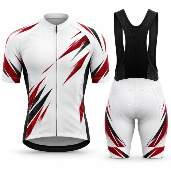 Cycling apparel featuring performance jersey and fitted cycling shorts.