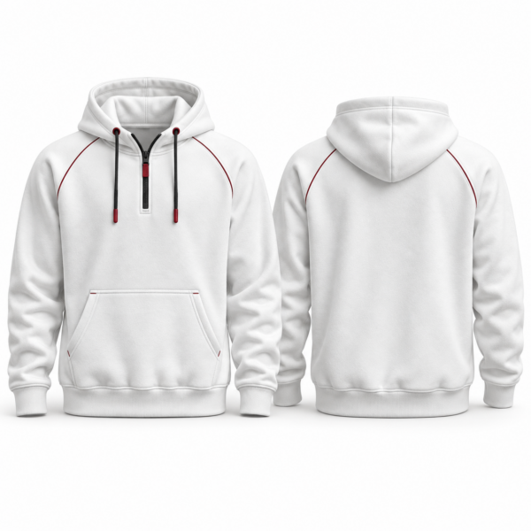 Quarter-zip hoodie featuring an attached hood, partial front zipper and ribbed cuffs.