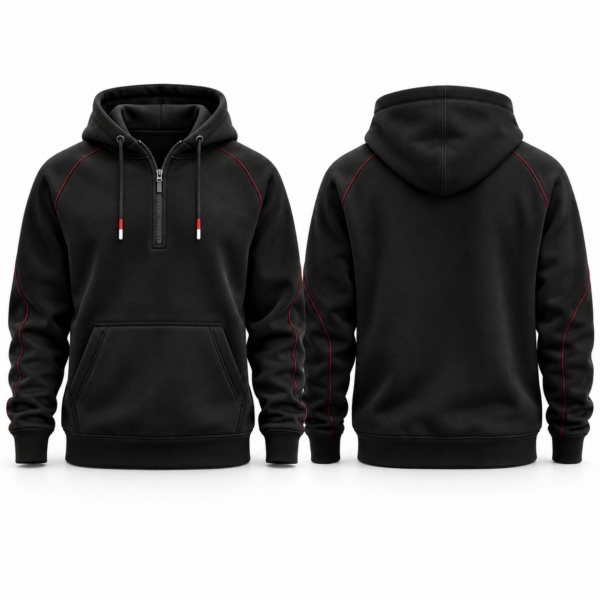 Quarter-zip hoodie featuring an attached hood, partial front zipper and ribbed cuffs.