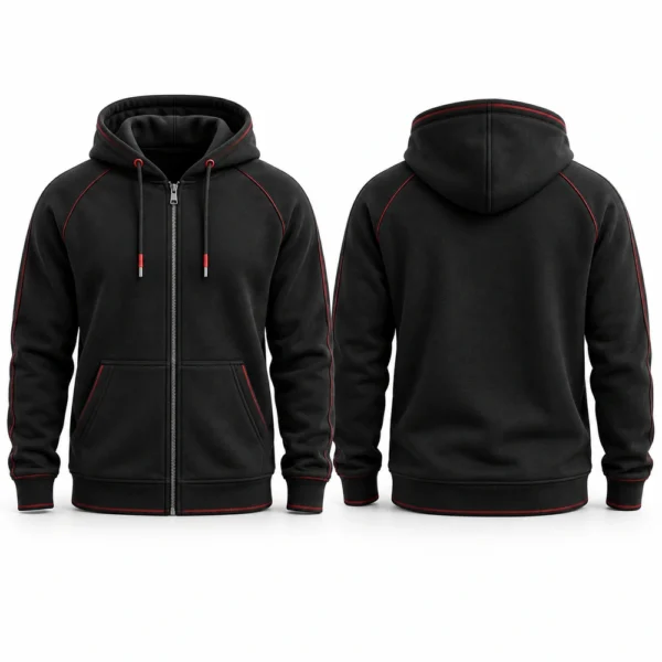 Full-zip hoodie featuring a front zipper, attached hood, split front pockets and ribbed cuffs.