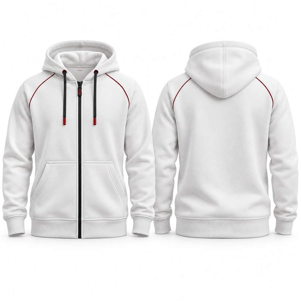 full-zip-hoodie-white-front-back Full-zip hoodie featuring a front zipper, attached hood, split front pockets and ribbed cuffs.