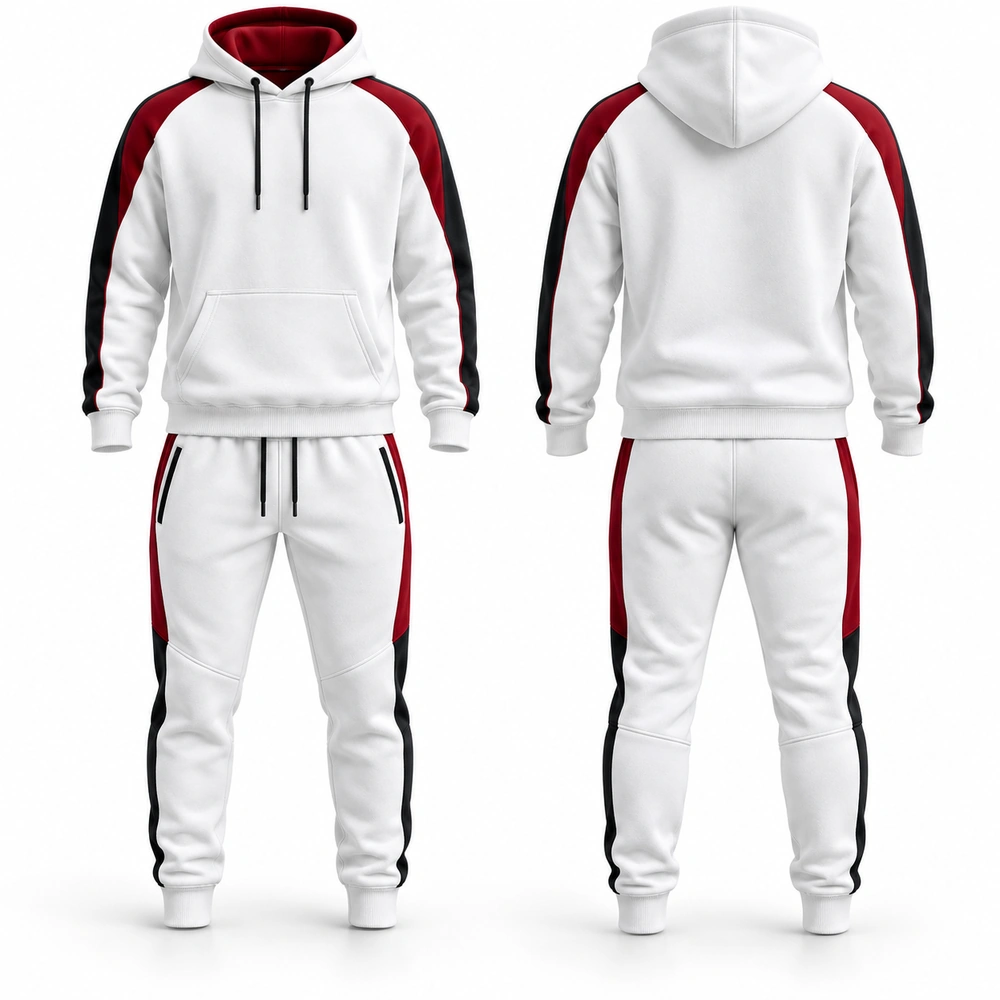 jogger-suit-white-front-back Matching jogger suit featuring a coordinated top and tapered jogger trousers.