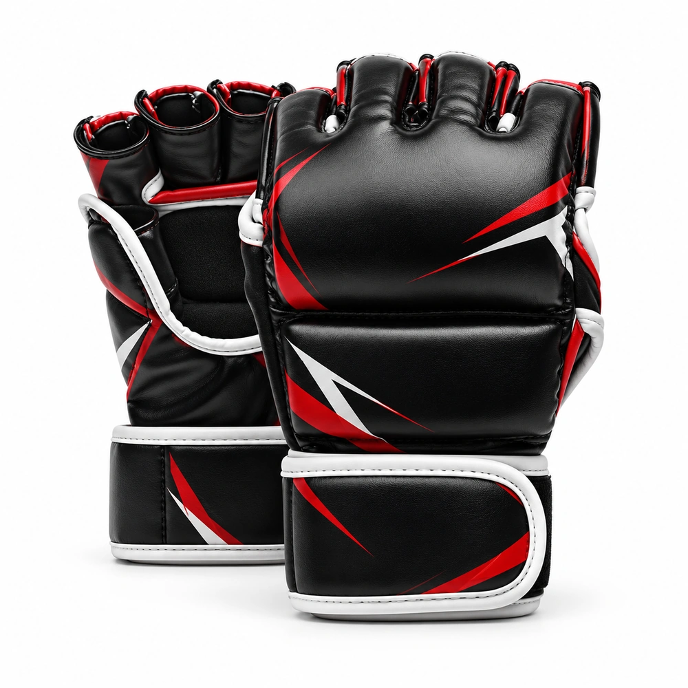 mma-gloves-black-theme MMA gloves featuring open fingers, padded knuckles and an adjustable wrist strap.