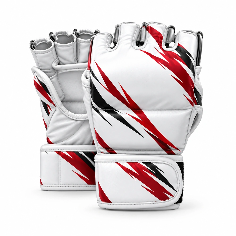 mma-gloves-white-theme MMA gloves featuring open fingers, padded knuckles and an adjustable wrist strap.