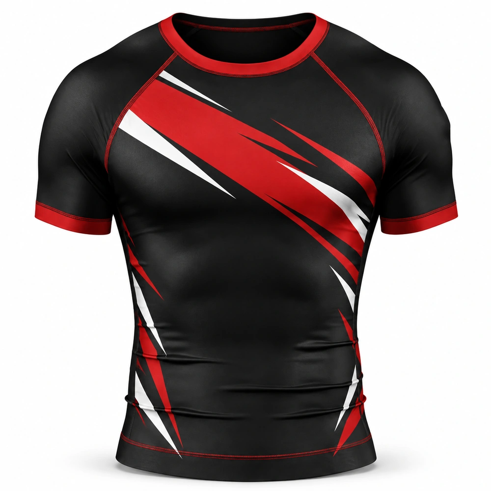 mma-rash-guard-black-theme Short-sleeve MMA grappling rash guard featuring a fitted athletic cut and short sleeves.