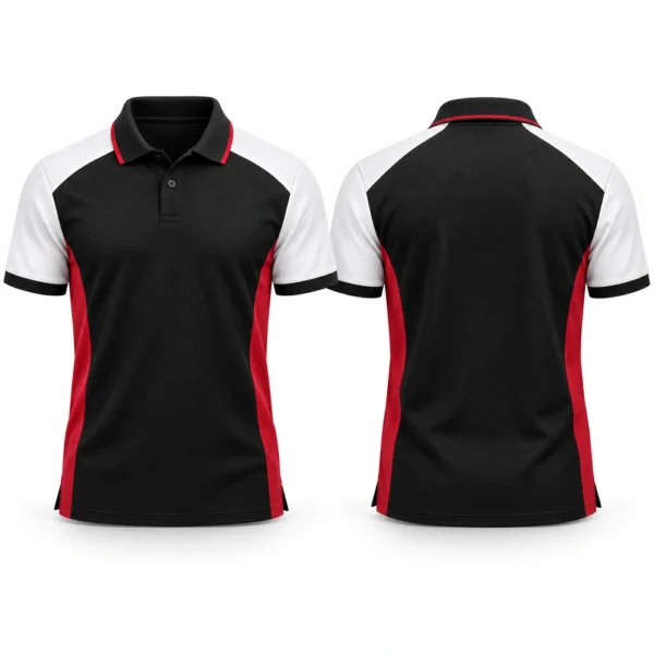 Colorblock polo shirt featuring contrasting panels, a fold-over collar and a button placket.