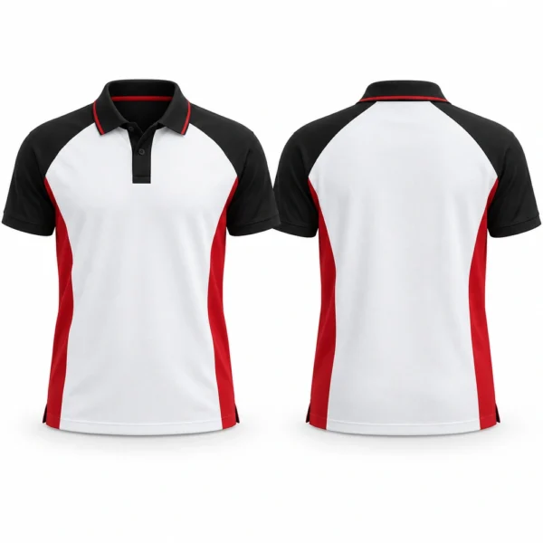 Colorblock polo shirt featuring contrasting panels, a fold-over collar and a button placket.