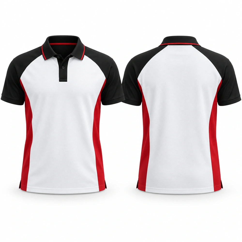 polo-color-block-white-front-back Colorblock polo shirt featuring contrasting panels, a fold-over collar and a button placket.