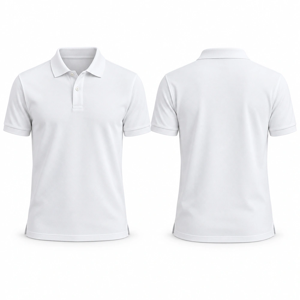 polo-single-tone-white-front-back Polo shirt featuring a fold-over collar, button placket and short sleeves.