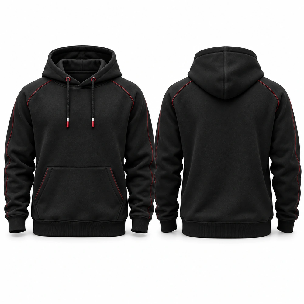 pullover-hoodie-black-front-back Pullover hoodie featuring an attached hood, front kangaroo pocket and ribbed cuffs.