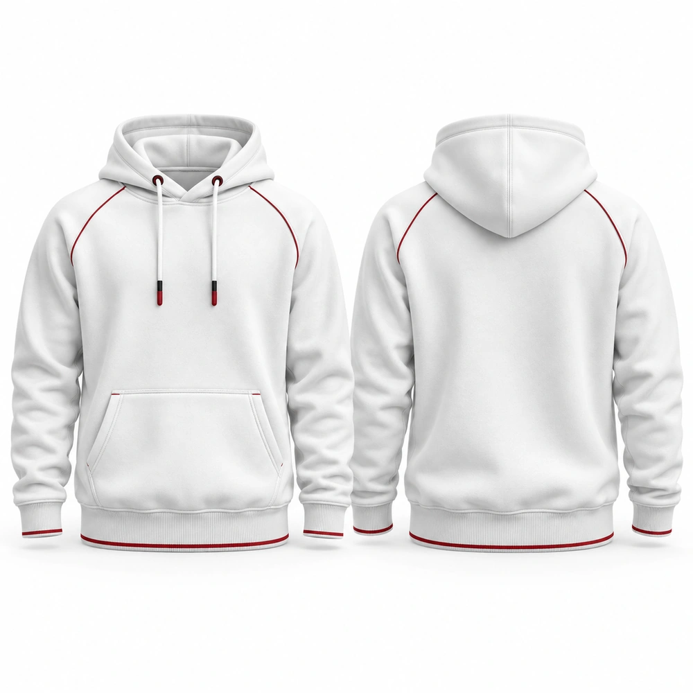 pullover-hoodie-white-front-back Pullover hoodie featuring an attached hood, front kangaroo pocket and ribbed cuffs.