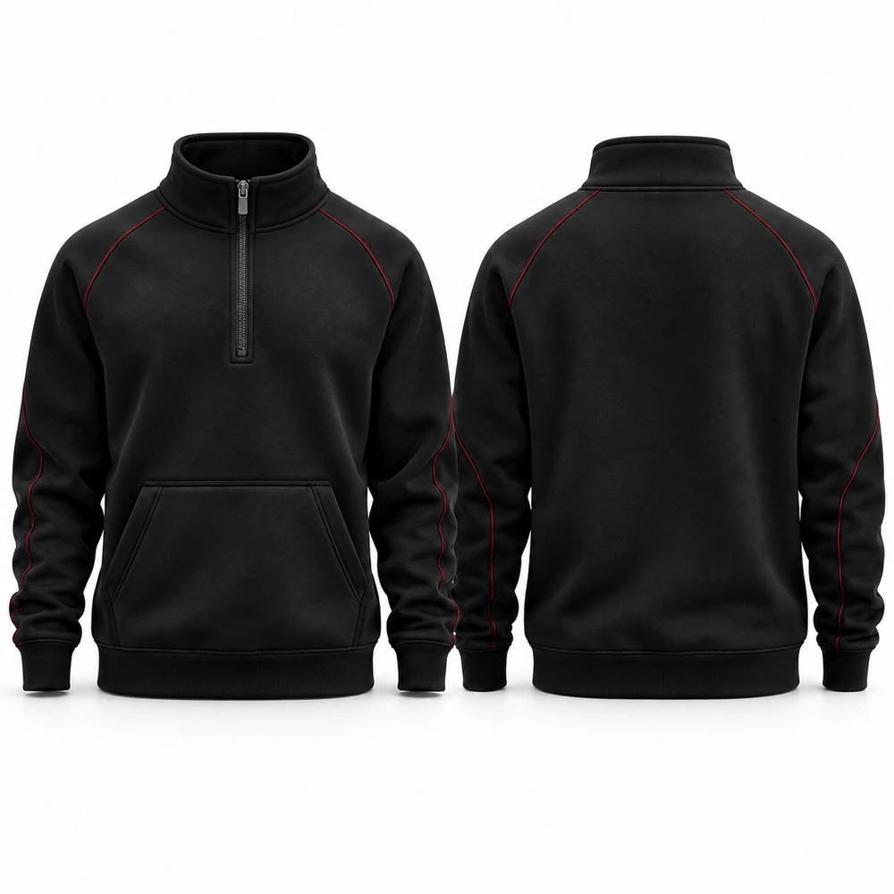 quarter-zip-pullover-black-front-back Quarter-zip sweatshirt featuring a stand-up collar, partial front zipper and long sleeves.