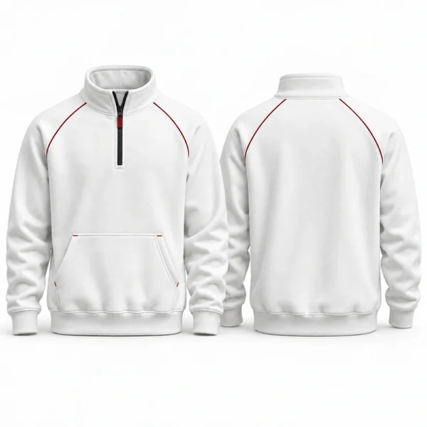 Quarter-zip sweatshirt featuring a stand-up collar, partial front zipper and long sleeves.