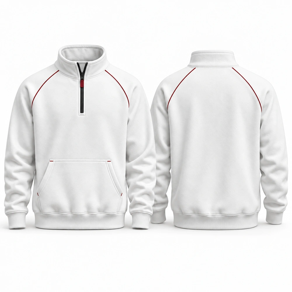 quarter-zip-pullover-white-front-back Quarter-zip sweatshirt featuring a stand-up collar, partial front zipper and long sleeves.