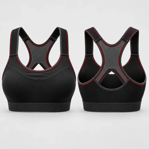 Racerback sports bra featuring straps that converge at the upper back.