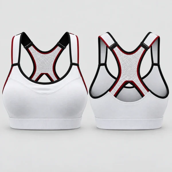Racerback sports bra featuring straps that converge at the upper back.