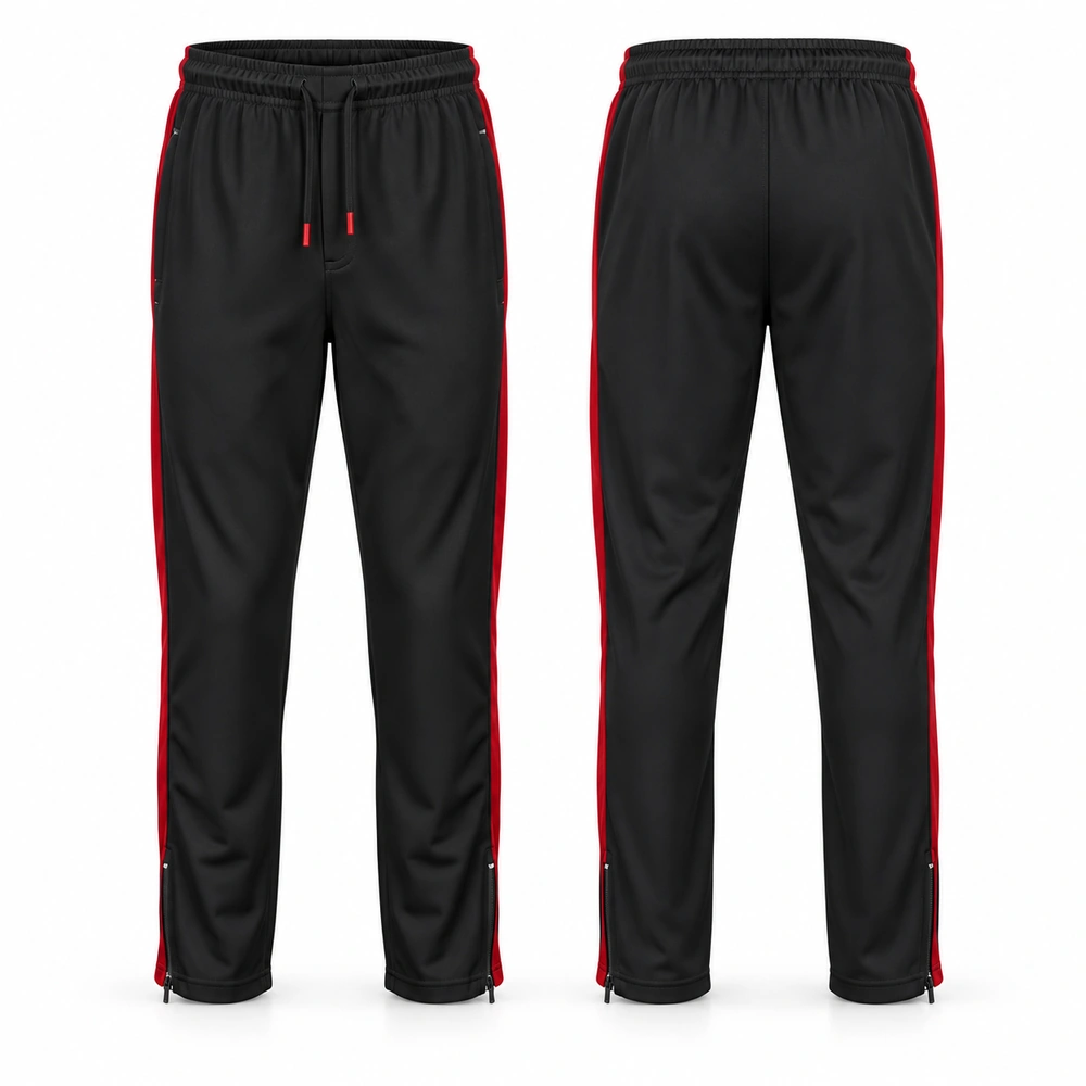 track-trousers-black-front-back Trousers featuring a structured waistband, belt loops, front pockets and straight-leg styling.