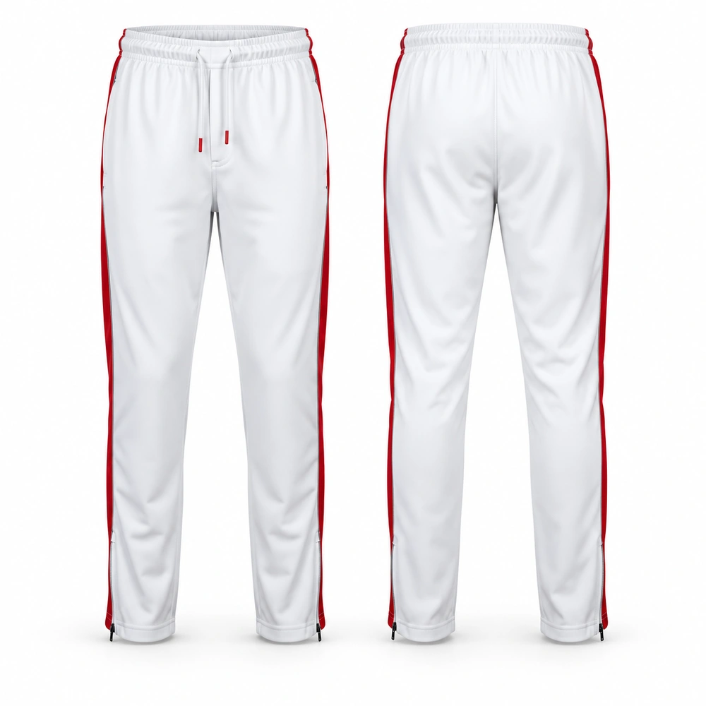 track-trousers-white-front-back Trousers featuring a structured waistband, belt loops, front pockets and straight-leg styling.