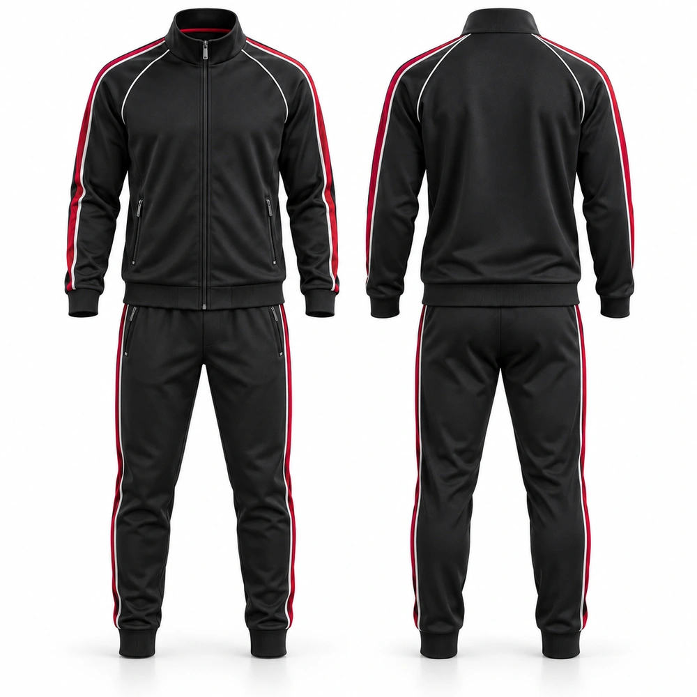 tracksuit-full-zip-black-front-back Matching tracksuit featuring a coordinated jacket and trousers.