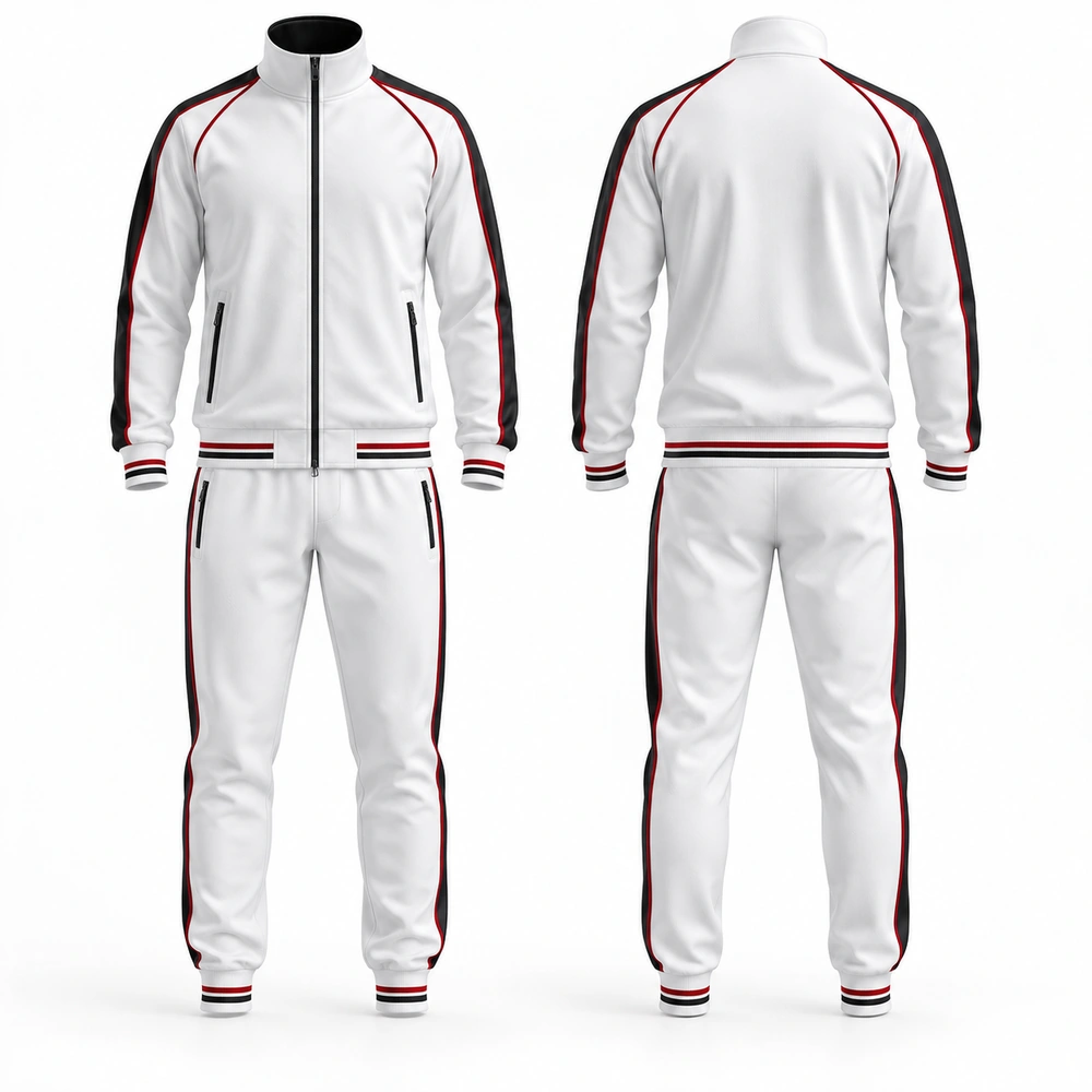 tracksuit-full-zip-white-front-back Matching tracksuit featuring a coordinated jacket and trousers.