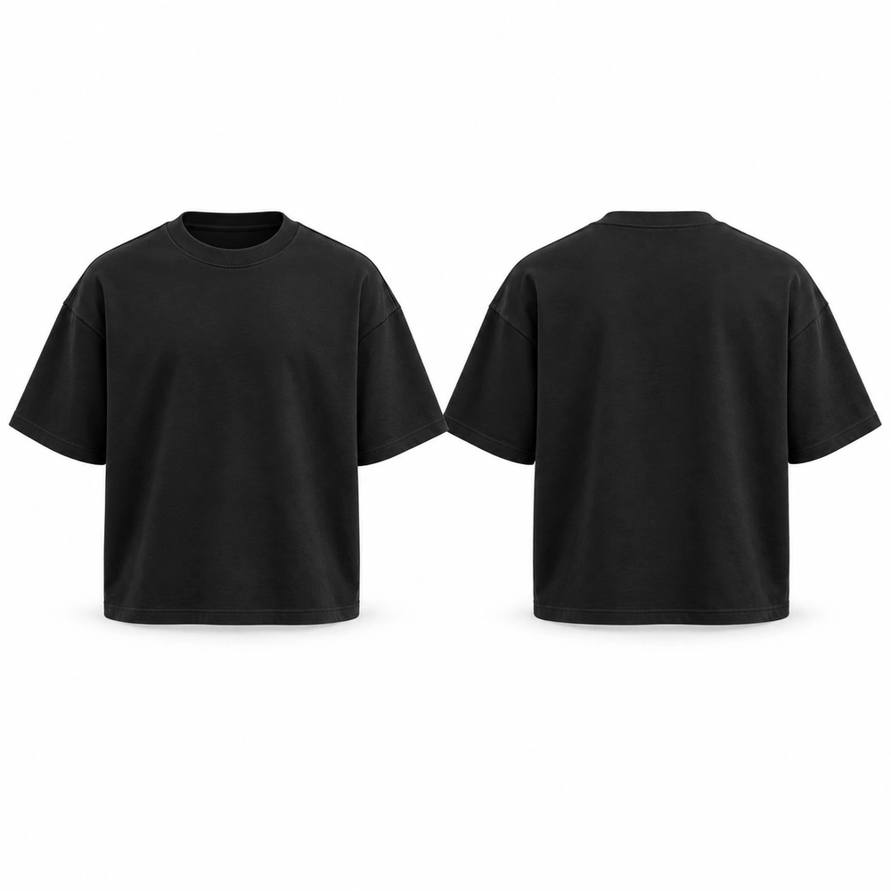 tshirt-box-fit-black-front-back Box fit T-shirt featuring a wide body, relaxed silhouette, crew neckline and short sleeves.