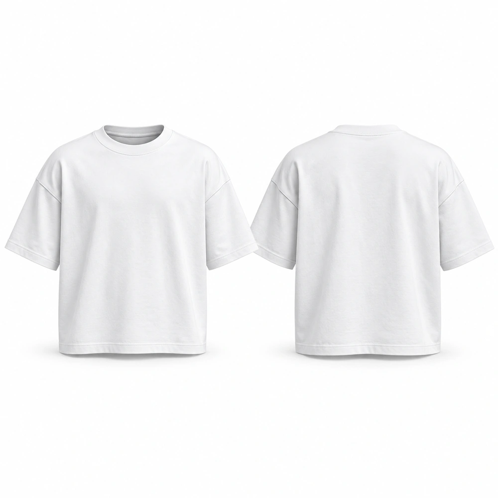 tshirt-box-fit-white-front-back Box fit T-shirt featuring a wide body, relaxed silhouette, crew neckline and short sleeves