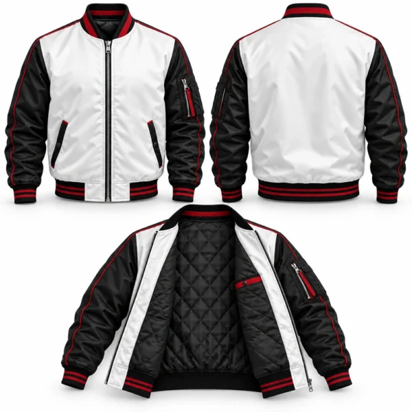 Bomber jacket featuring a front zipper, ribbed collar, ribbed cuffs and side pockets.