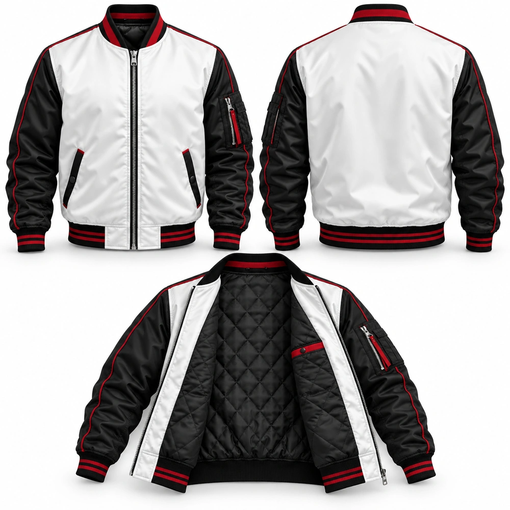 unique-wears-bomber-jacket-front-back-interior Bomber jacket featuring a front zipper, ribbed collar, ribbed cuffs and side pockets.