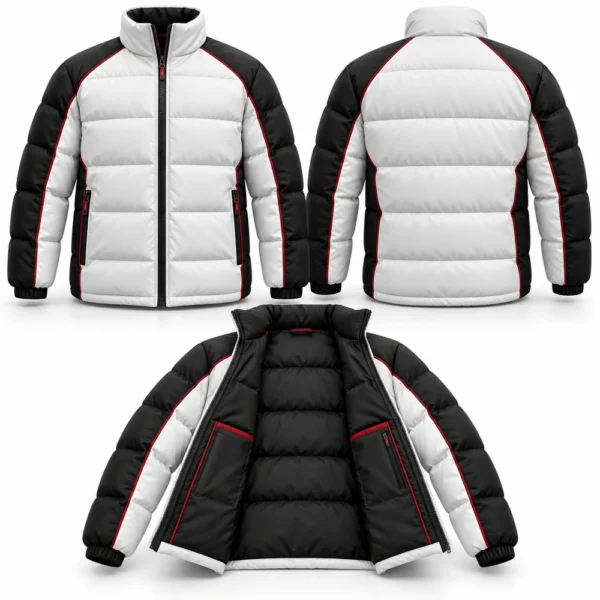 Puffer jacket featuring a padded quilted construction, front zipper and side pockets.