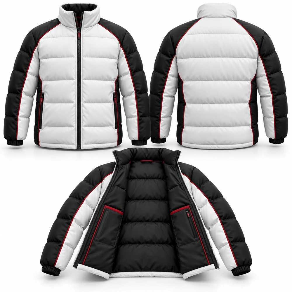 unique-wears-puffer-jacket-front-back-interior Puffer jacket featuring a padded quilted construction, front zipper and side pockets.