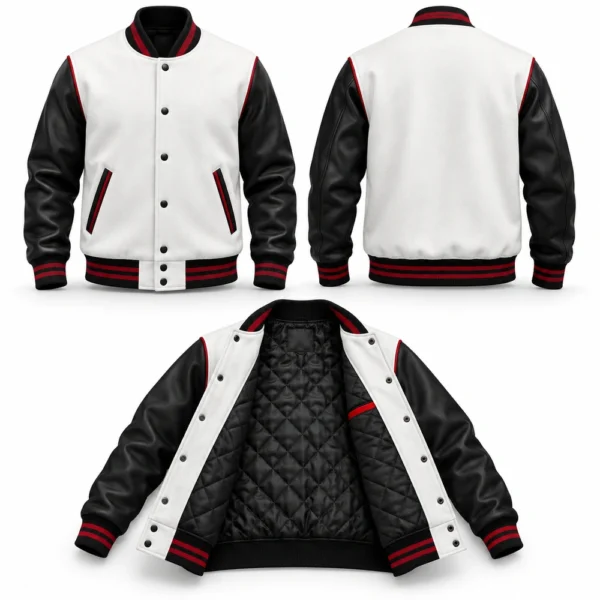 Varsity jacket featuring a ribbed collar, snap-button closure and contrasting sleeves.