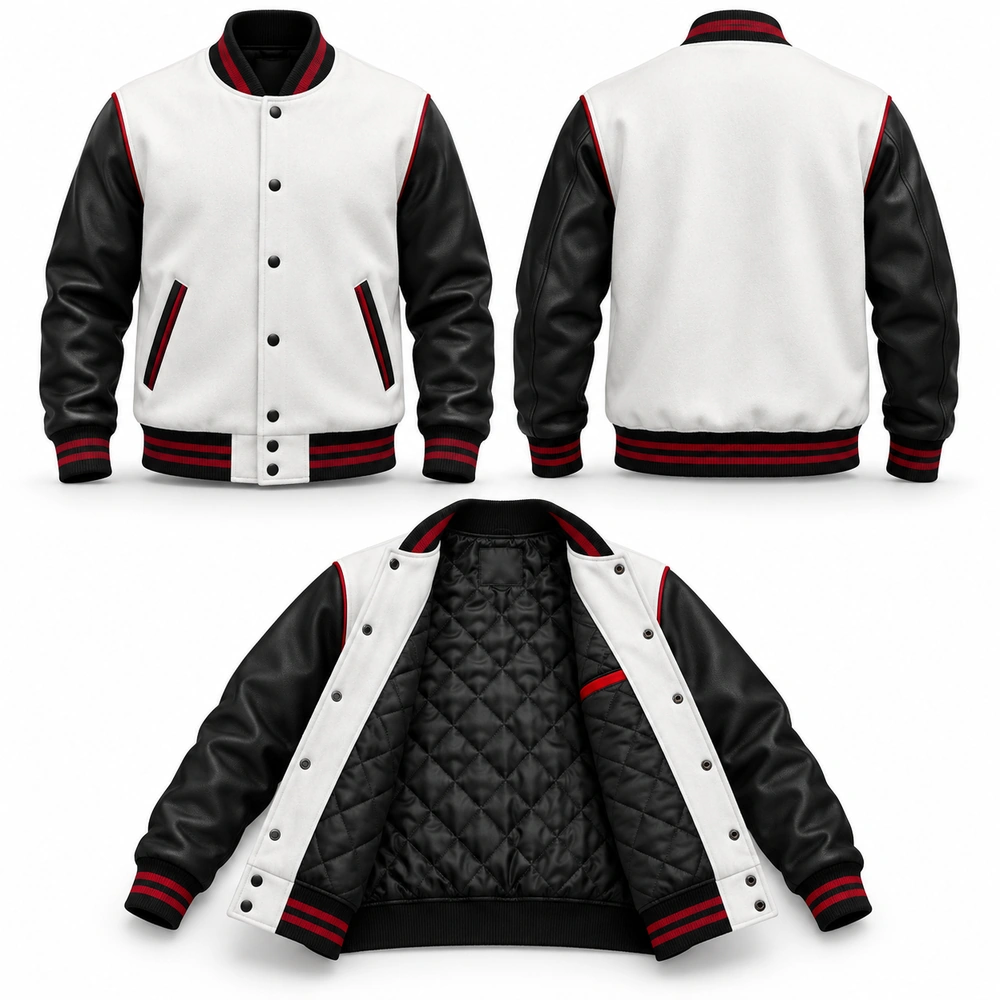 unique-wears-varsity-jacket-front-back-interior Varsity jacket featuring a ribbed collar, snap-button closure and contrasting sleeves.