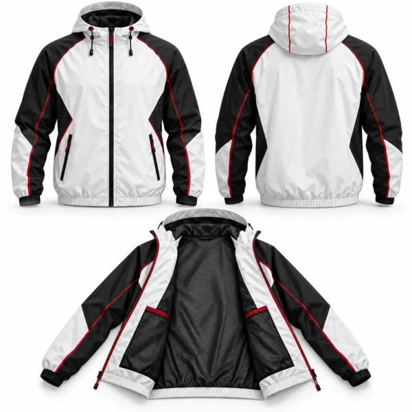 Windbreaker jacket featuring a lightweight shell, front zipper and side pockets.