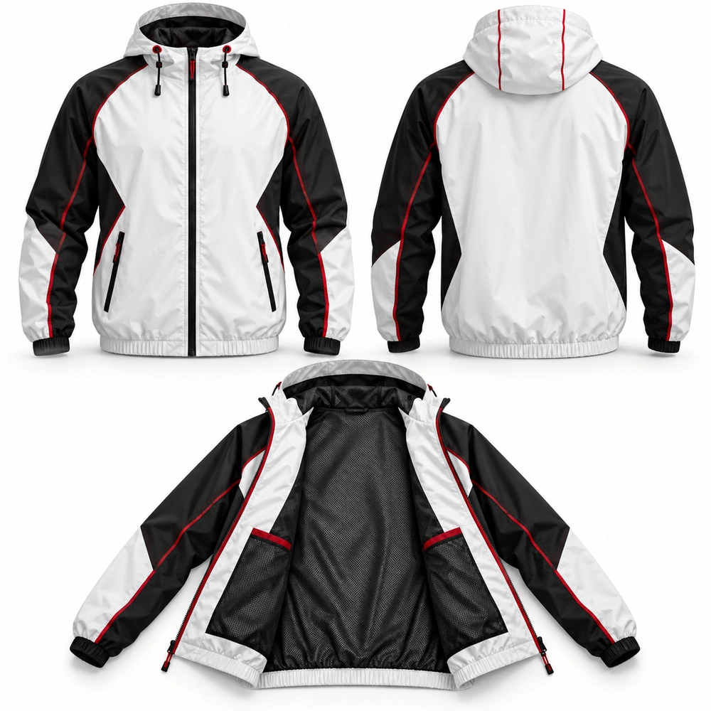 unique-wears-windbreaker-front-back-interior Windbreaker jacket featuring a lightweight shell, front zipper and side pockets.
