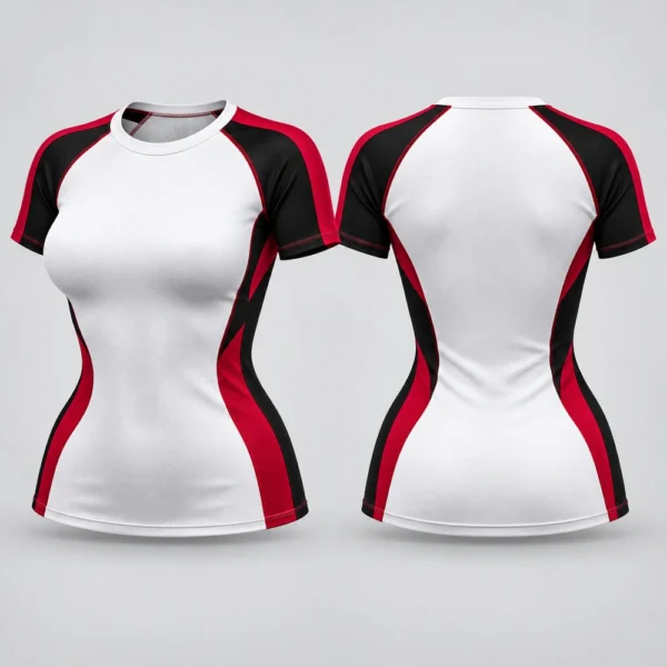 Women's short-sleeve compression shirt featuring a fitted athletic silhouette.