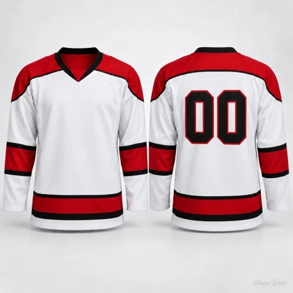 Mockup of a custom game day home ice hockey jersey, front and back, shown in white with red and black accents and number 00.