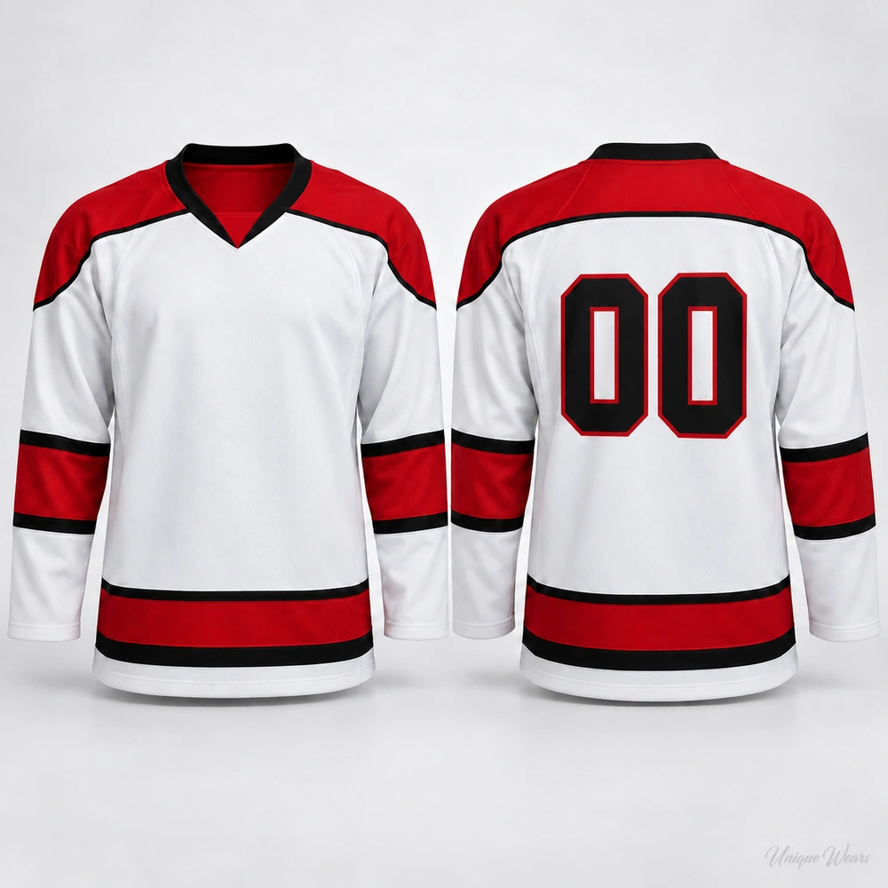 Custom Game Day Home Jersey mockup. Mockup of a custom game day home ice hockey jersey, front and back, shown in white with red and black accents and number 00.