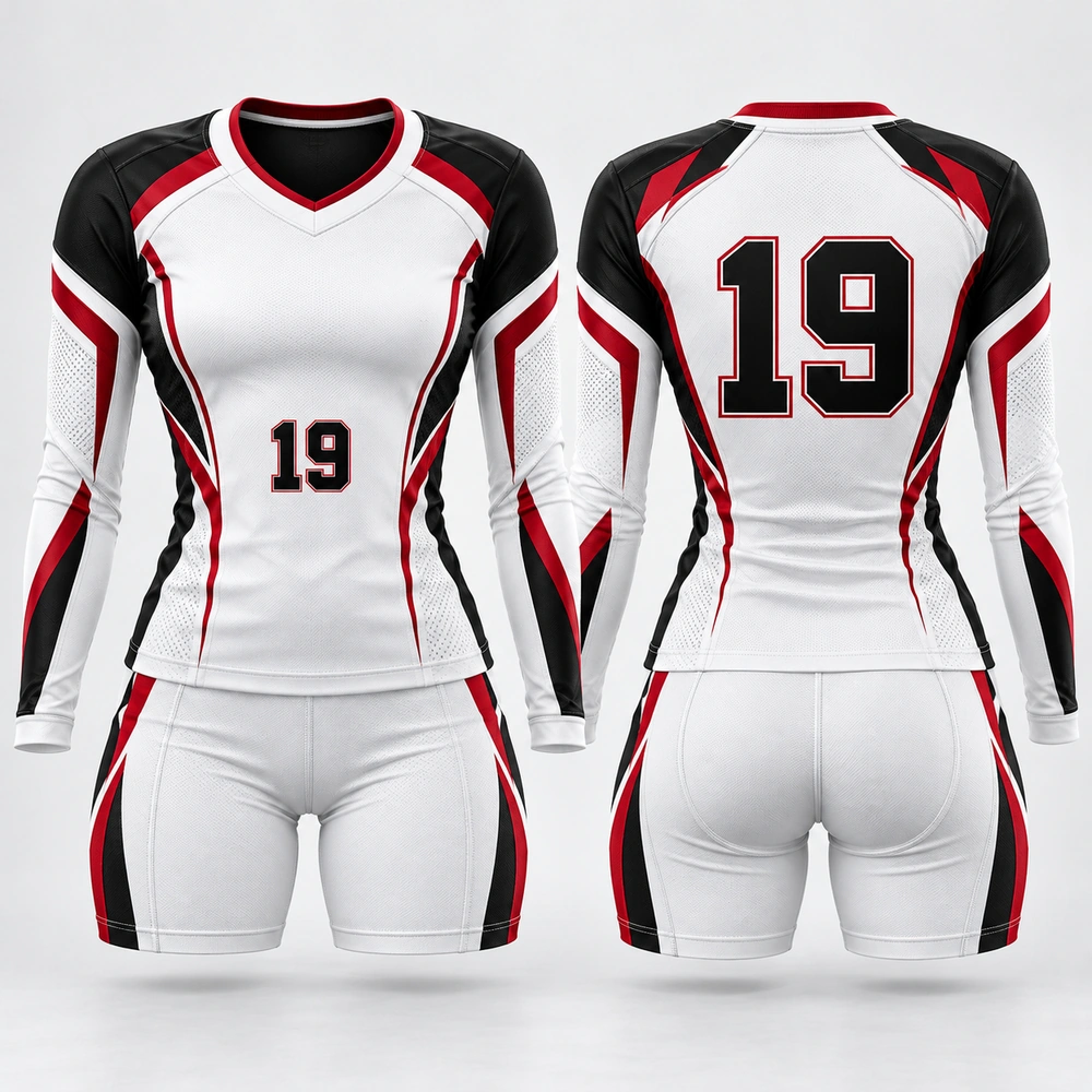 white-volleyball-uniform Volleyball home uniform featuring a team jersey and matching volleyball shorts.